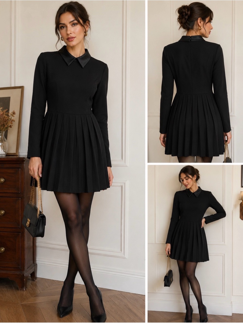 Ryan Scott Vintage Black Pleated Mini Dress Satin Collar Long Sleeve Size 12